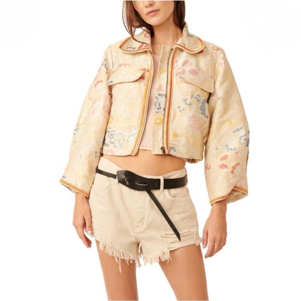 Free People | Margo Floral Embroidered Crop Jacket in Golden Wheat Combo, L NWT